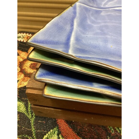Pier 1 Discontinued Crackle Sushi Square Dishes Plates Set Of 4 Blue & Green - Picture 10 of 10